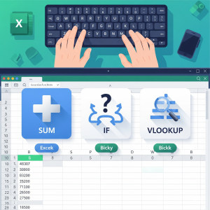  Ilustrasi yang menggambarkan antarmuka spreadsheet Excel dengan ikon-ikon rumus populer (SUM, IF, VLOOKUP, dll.)